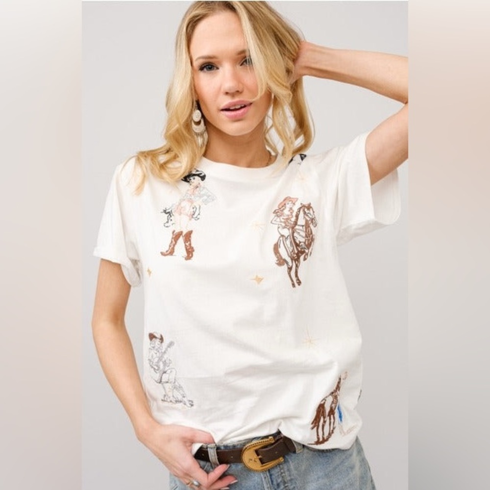 Embroidered Western Cowgirl Short-Sleeve T-Shirt - Blue B